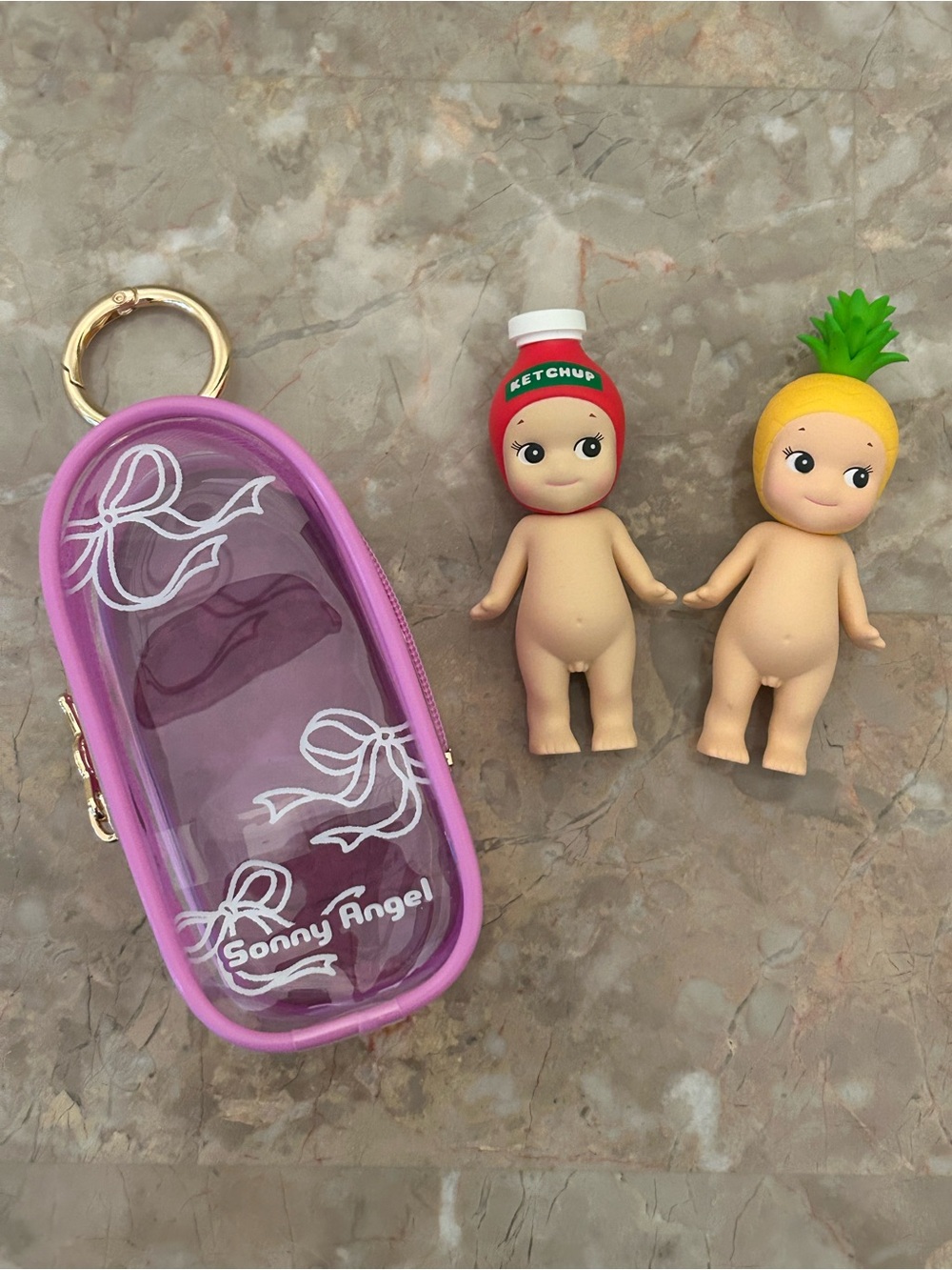 Sonny Angel Ketchup & Pineapple Figures with Purple My Bestie Keychain Pouch